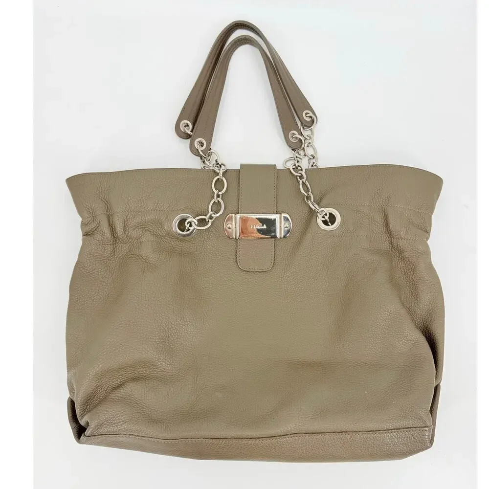 Furla Pebbled Leather Chain Handle Tote Bag in Taupe Greige
